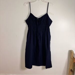 Quince 100% Organic Cotton Keyhole Midi Dress Navy XL Smocked Bodice Pockets
